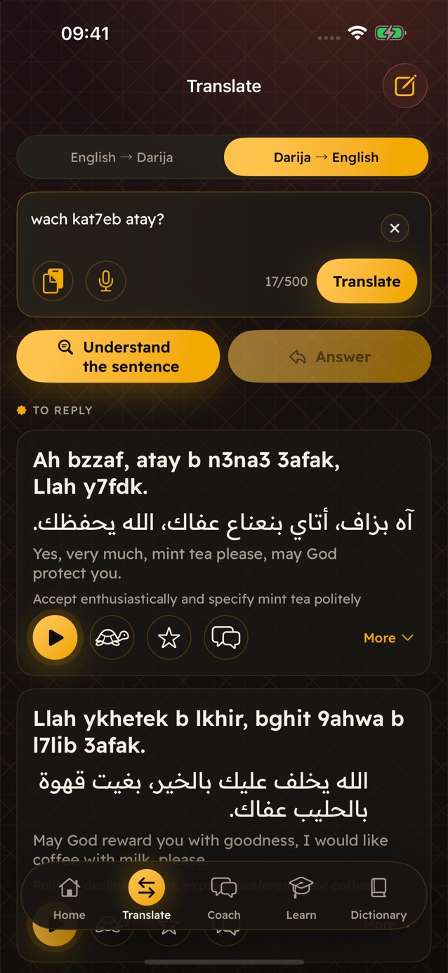 The Translate tab of Darija Pro: the message sba7 lkhir, la bas? and three replies in darija with their Arabic script and a play button