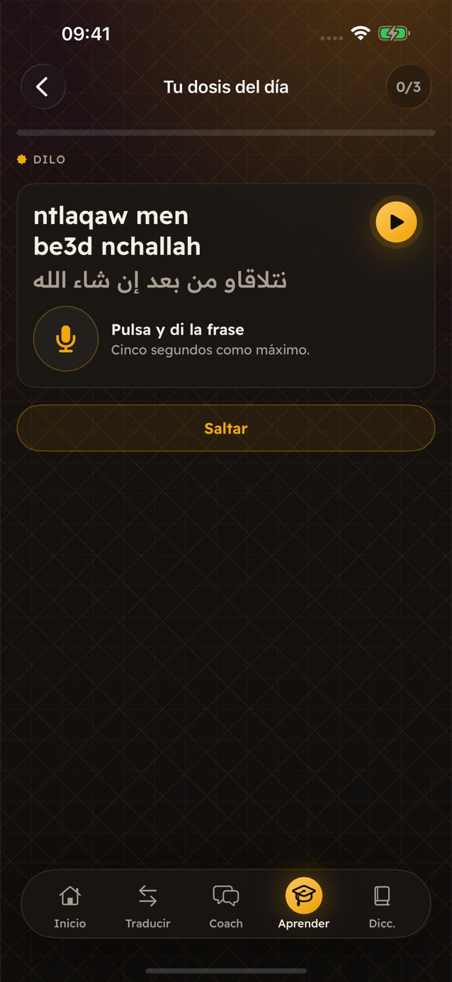 Tu dosis del día en Darija Pro, ejercicio Dilo: la frase ntlaqaw men be3d nchallah con el botón del micrófono