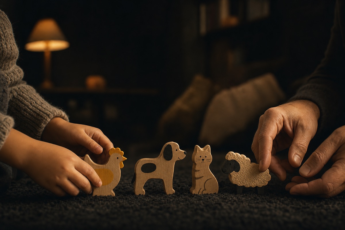 Des mains d'enfant et d'adulte alignent des animaux en bois, une poule, un chien, un chat et un mouton, sur un tapis sombre
