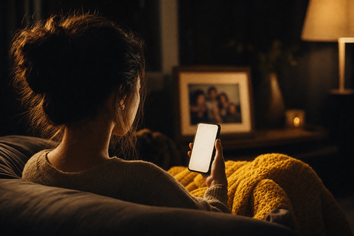 Une femme vue de dos sur un canapé, son téléphone à la main, un plaid jaune et une photo de famille floue en arrière-plan
