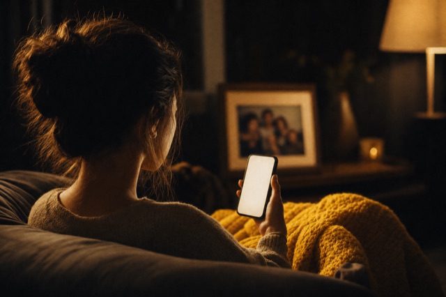 Une femme vue de dos sur un canapé, son téléphone à la main, un plaid jaune et une photo de famille floue en arrière-plan