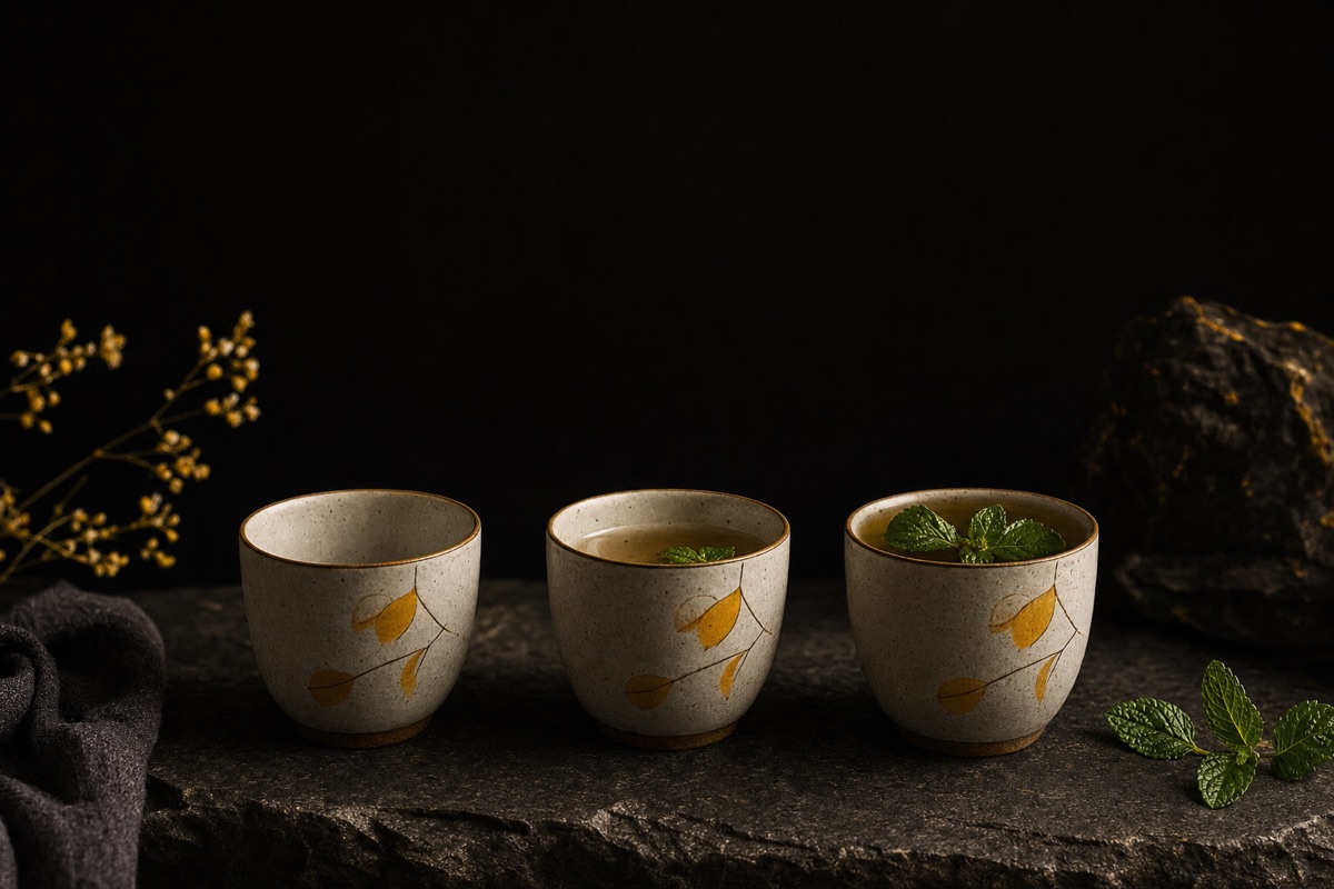 Trois tasses en céramique sur une pierre sombre : une vide, une à moitié pleine, une pleine de thé à la menthe