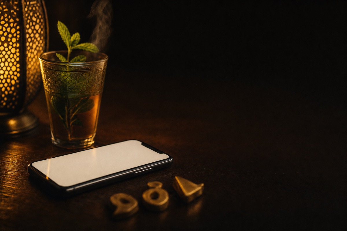 Un téléphone posé près d'un verre de thé à la menthe, avec trois petits jetons en laiton, sous une lampe