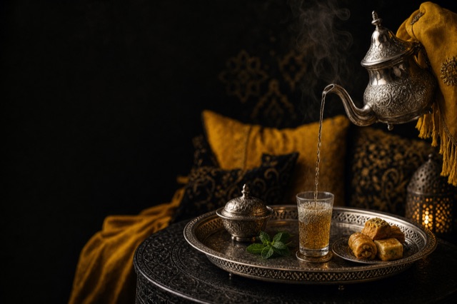 Une théière marocaine en argent verse du thé à la menthe dans un verre posé sur un plateau, coussins jaunes en arrière-plan